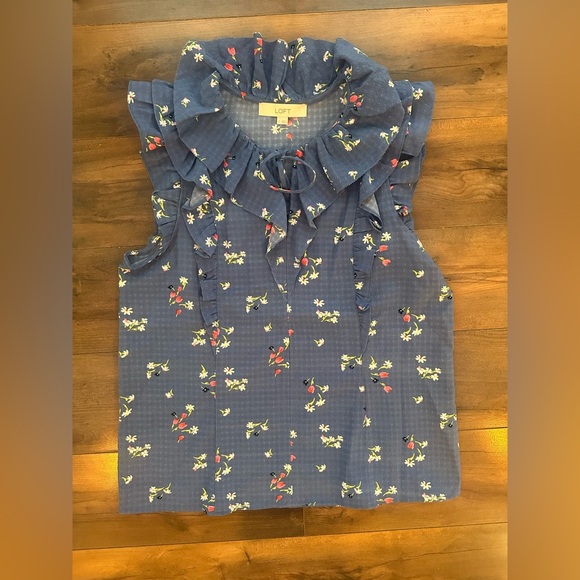 LOFT Smocked Ruffle Neck Sleeveless Floral Blouse – Size Small – Blue Fall Top - Picture 2 of 9
